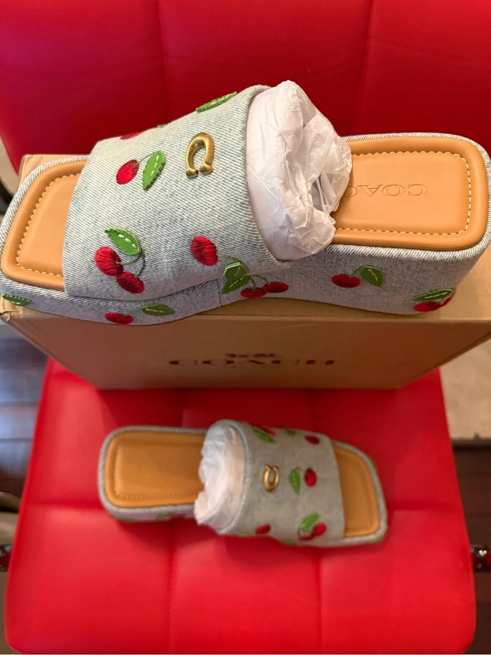 NWT Coach Marcy Denim Cherry Embroidery Platform Slides | Size 7.5